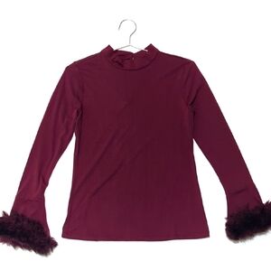 New York & Company | Wine Red Mock Neck Faux Fur Cuff Sleeves | Mod | Boho Chic